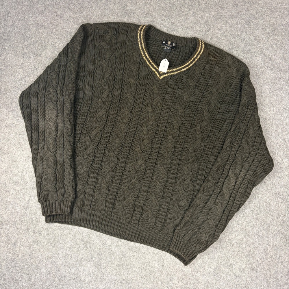 Vintage J. Riggings Olive Green Cable Knit V-Neck Sweater Mens Large Ramie